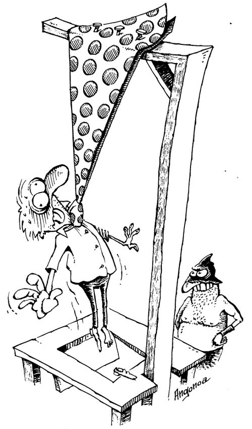 Executioner hanging a man with his own tie.