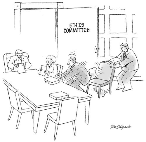 Man pulling a chair away before his colleague sits down in an ethics committee office.