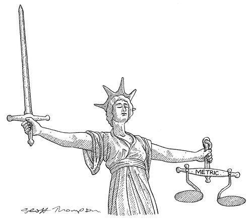 Lady Justice using metric scales.