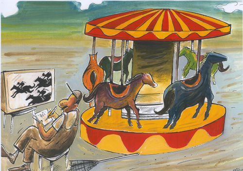 Carousel Man Watching Horse Racing On TV