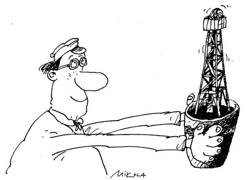 Man with oil drilling station in plant pot