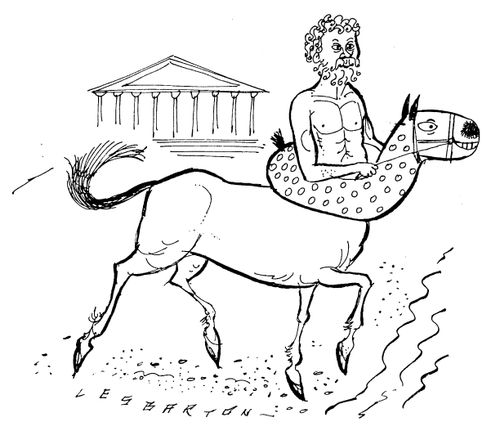 Satyr on the beach with rubber horse