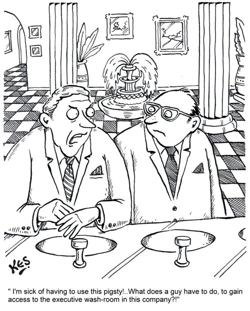 ' I'm sick of having to use this pigsty!..What does a guy have to do,to gain access to the executive wash-room in this company?! '