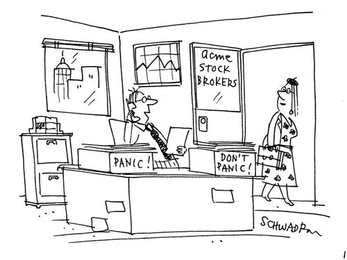 Stock brokers with two boxes on desk - 'panic' and 'don't panic'.