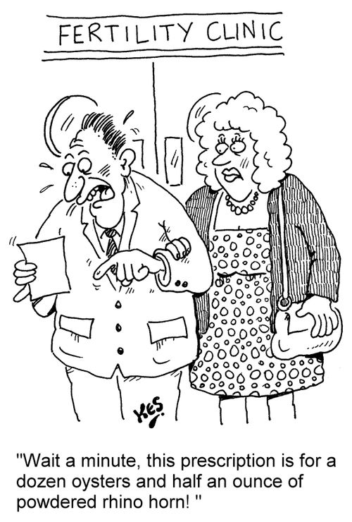 'Wait a minute, this prescription is for a dozen oysters and half an ounce of powdered rhino horn!'