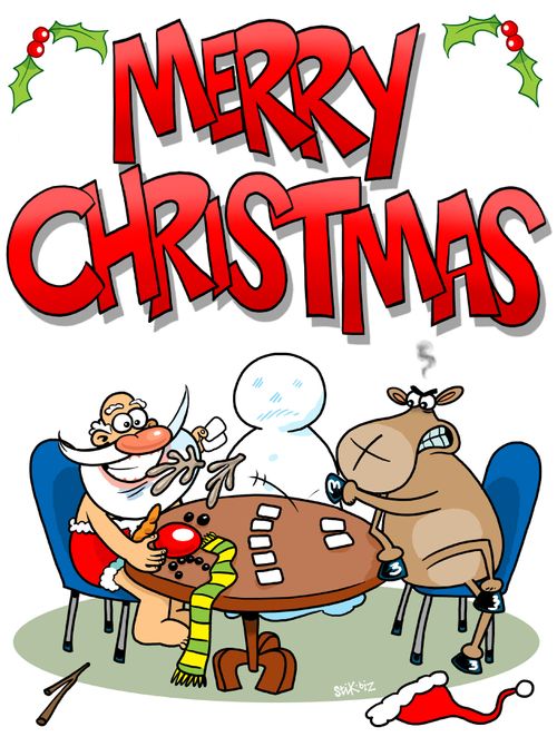 Santa, Snowman and Rudolf playing strip poker.