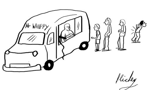 Mr Whippy whipping his customers.