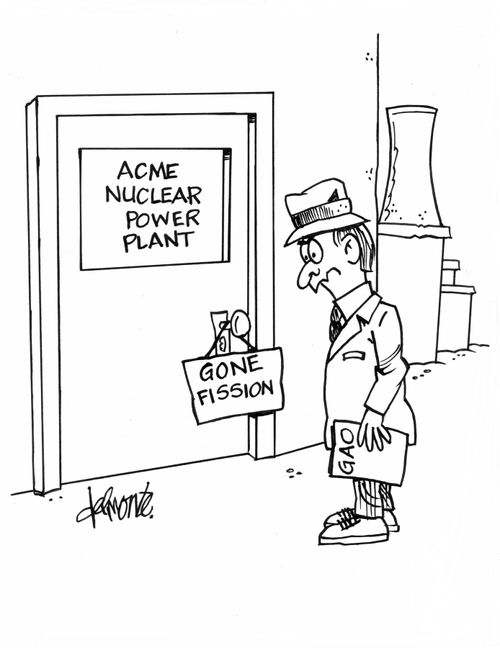 Man sees a sign on the door of a nuclear power plant: Gone Fission.