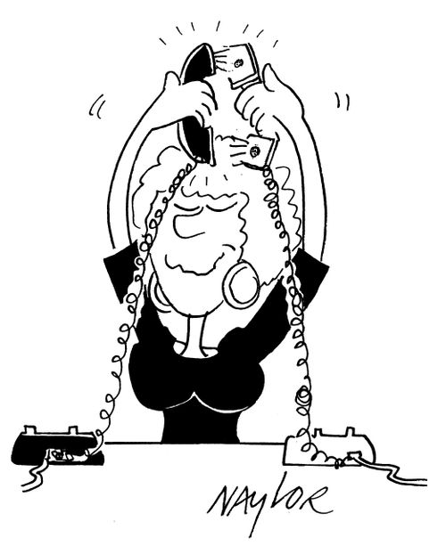 Woman holding two phones together.