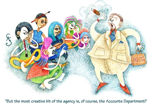'But the most creative bit of the agency is, of course, the Accounts Department!'  Advertising executive addressing a group of art students.