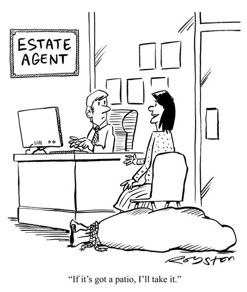 Woman with large sack at estate agents: 'If it's got a patio, I'll take it.'