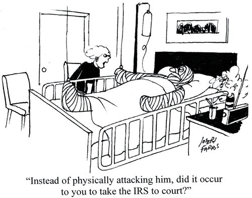 'Instead of physically attacking him, did it occur to you to take the IRS to court?'