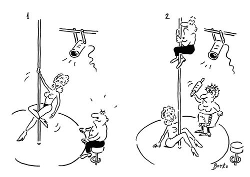 Man climbs on a striptease pole to escape his wife.