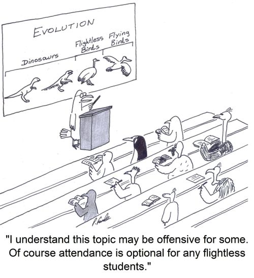 'I understand this topic may be offensive for some. Of course attendance is optional for any flightless students.'