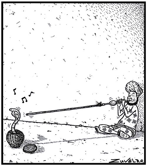  Snake charmer bitten one too many times has extended His Pungi.