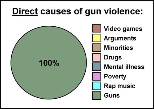 Direct causes of gun violence: video games, arguments, minorities, drugs, mental illness, poverty, rap music, guns 100%.