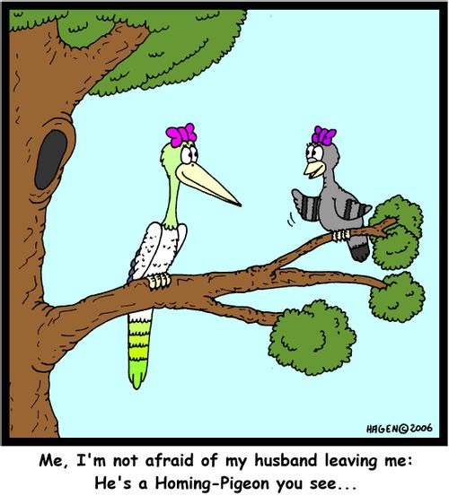 'Me, I'm not afraid of my husband leaving me: He's a Homing-Pigeon you see...'