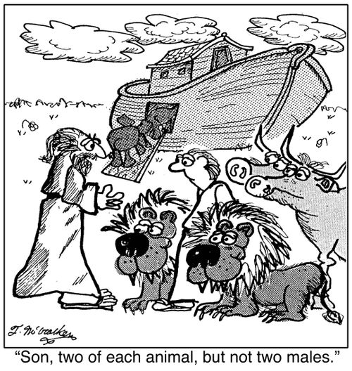 'Son, two of each animal, but not two males.'
