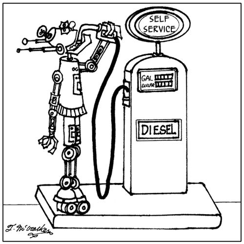 A robot putting gas straight into his head at a 'Self Service' station.