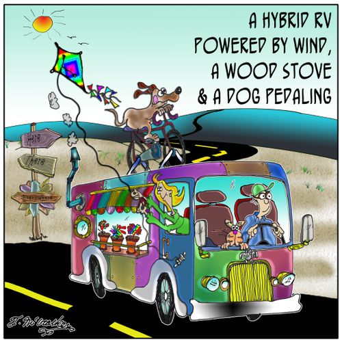 A Hybrid RV Powered by Wind, A Wood Stove & A Dog Pedaling.