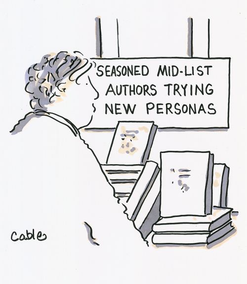 Man looking at book display with sign above it reading: Seasoned Mid-List Authors Trying New Personas.