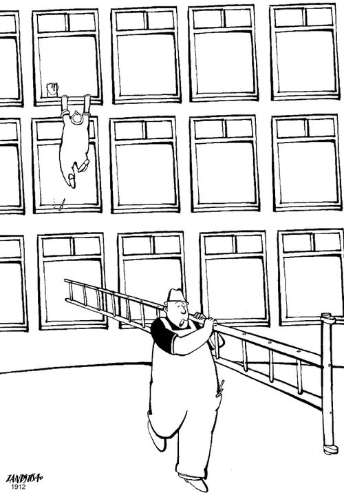Window cleaner taking ladder out from under his colleague.
