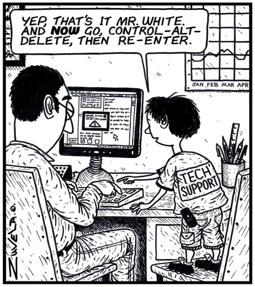 'Yep,that's it Mr.White. And NOW go, Control-Alt-Delete, then re-enter.' 