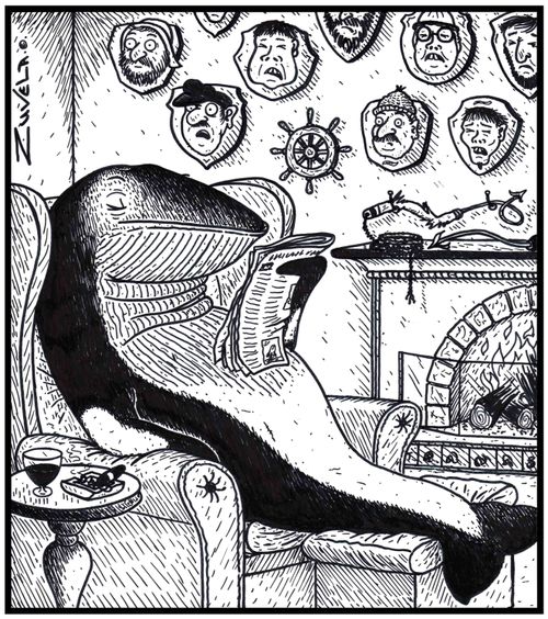A Minke whale enjoying his newspaper in front of his trophies of Whalers and Harpooners.