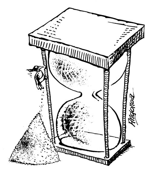 Woodpecker pecking at an hourglass.