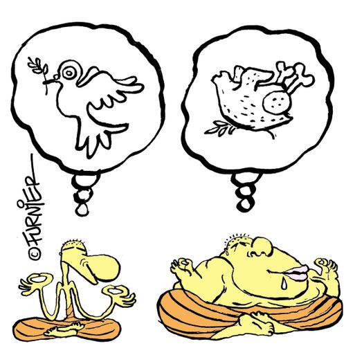 Fat Buddhist contemplating eating the dove of peace.