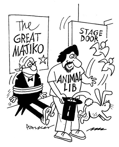 Animal liberator with a magician's hat.
