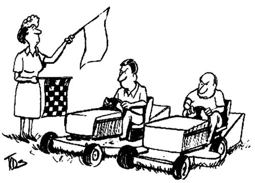 Men racing their lawnmowers.