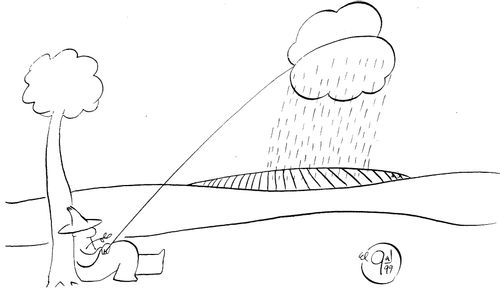 Farmer holding a raining cloud over his crops with a piece of string