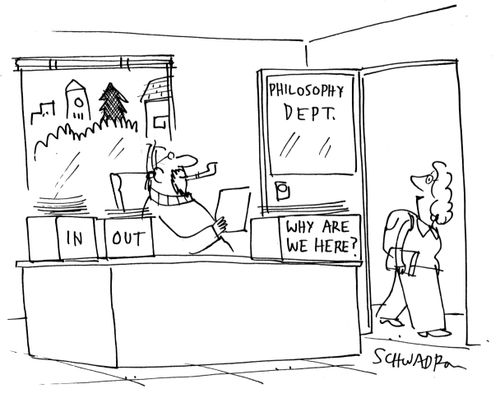Philosophy department office with boxes on desk reading; 'In', 'out' and 'why are we here?'