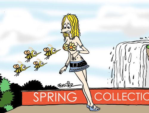 Woman with flower-style bra getting attacked by bees.