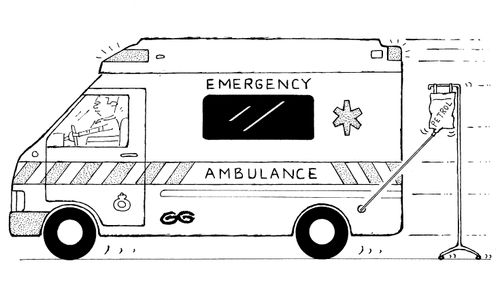 Ambulance with a petrol IV drip attached.