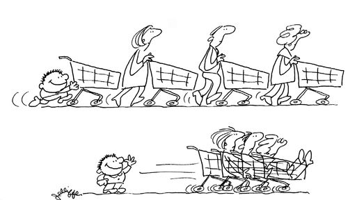 Kid pushing trolleys and people together.