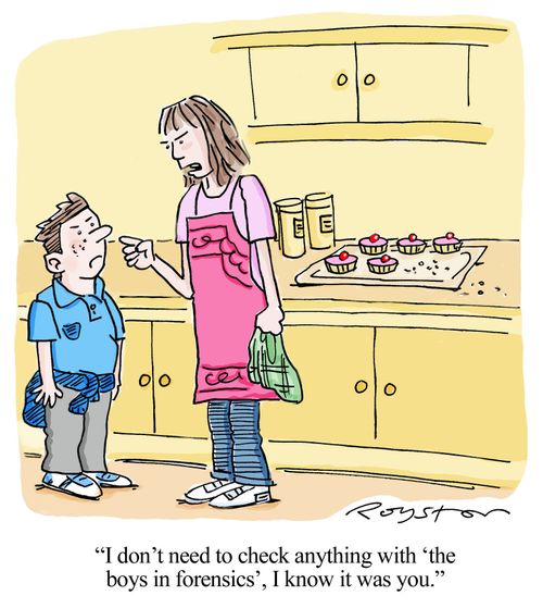 Mother to son, regarding stolen cake: 'I don't need to check anything with 'the boys in forensics' I know it was you.'