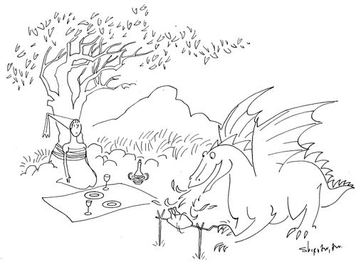 A Dragon has a picnic with a Maiden.