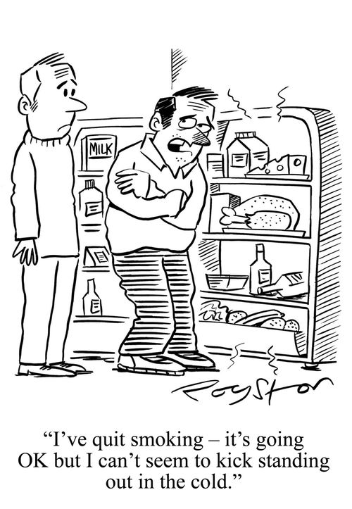 Man shivers in front of open fridge, saying: 'I've quit smoking ??" it's going OK but I can't seem to kick standing out in the cold.'