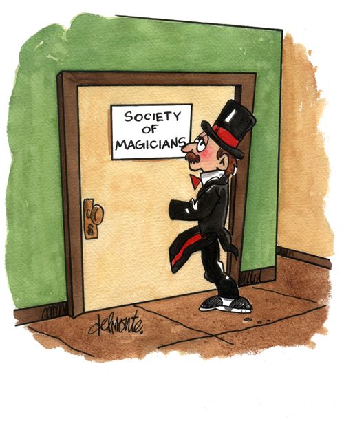 A magician walks through a door with a sign on it Society Of Magicians.