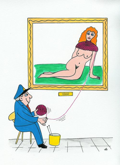 The Gallery Guard Unravelling the Wool of a Jumper on a Painting, Creating a Nude.