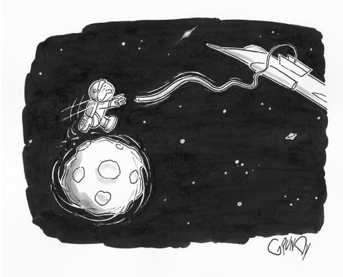 Astronaut runs on spinning asteroid to reach space shuttle's tether.