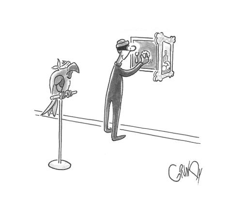 Burglar blindfolds talking parrot. 