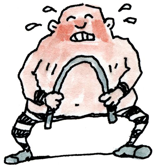 strong man bends an iron bar