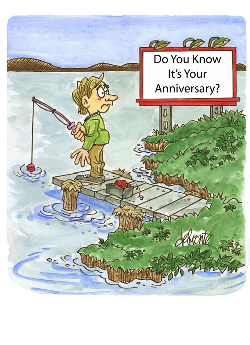 Man fishing at a dock sees a billboard: Do You Know It's Your Anniversary?