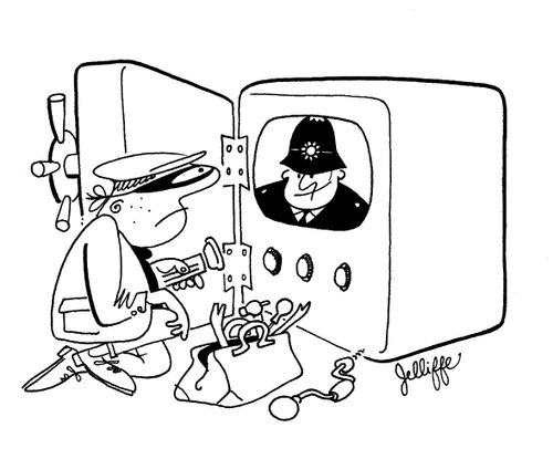 Burglar breaks open safe to find a policeman watching him.