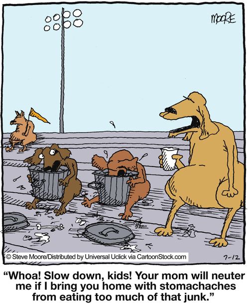 'Whoa! Slow down, kids! Your mom will neuter me if I bring you home with stomachaches from eating too much of that junk.'