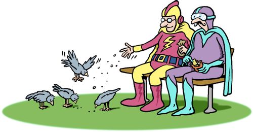 Two old superheroes on a park bench feeding the birds.