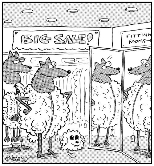 Wolf trying on sheep's clothing at a retail store.